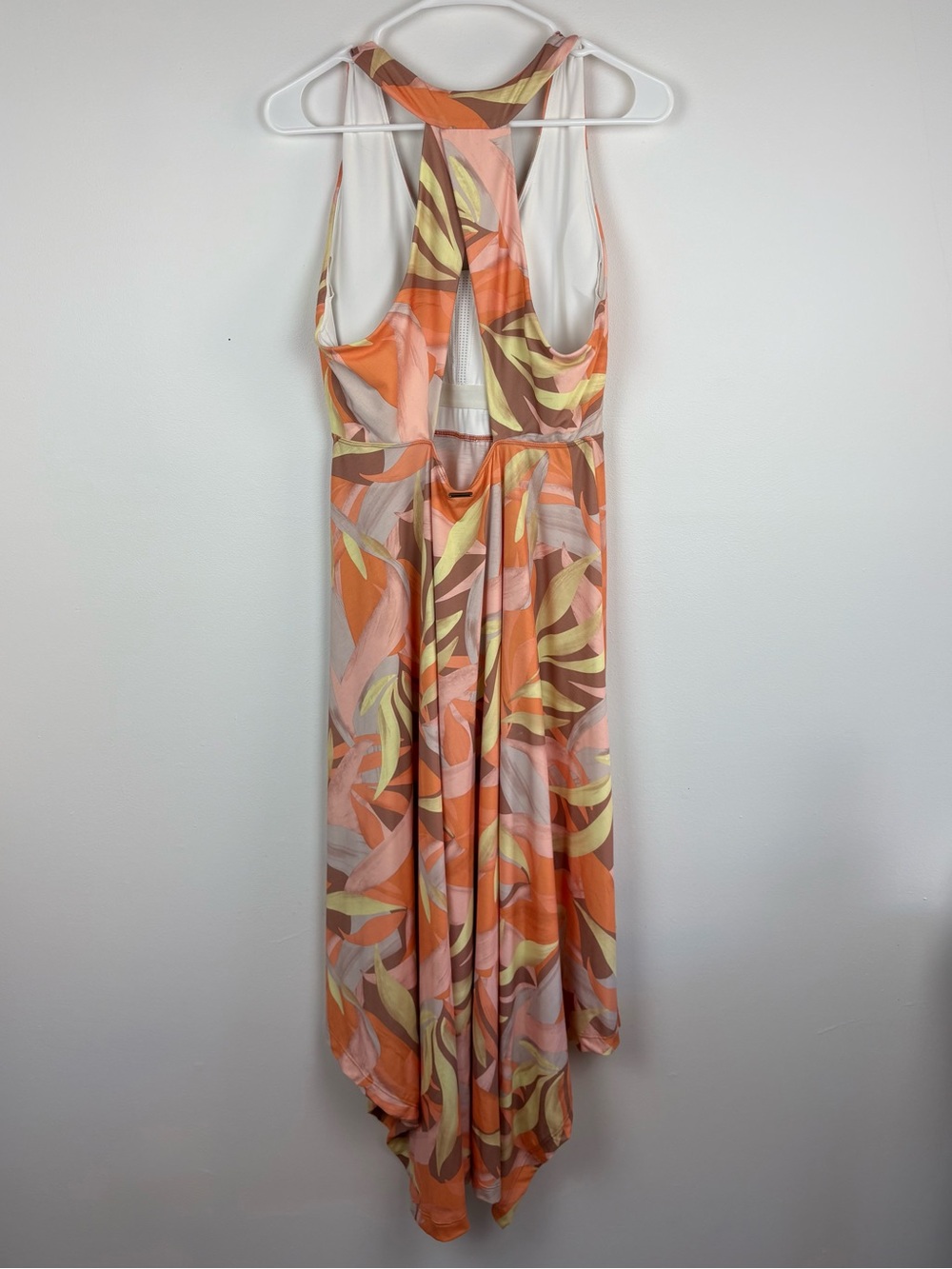 PrAna Saxon Dress XL Orange Leaf Print Asymmetrical Midi EUC Tropical Coastal - Picture 4 of 12